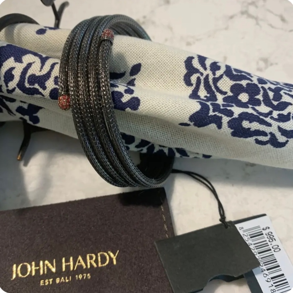 John Hardy Classic Chain Coil Bracelet Pink Sapphire Tips Black Rhodium NWT $995